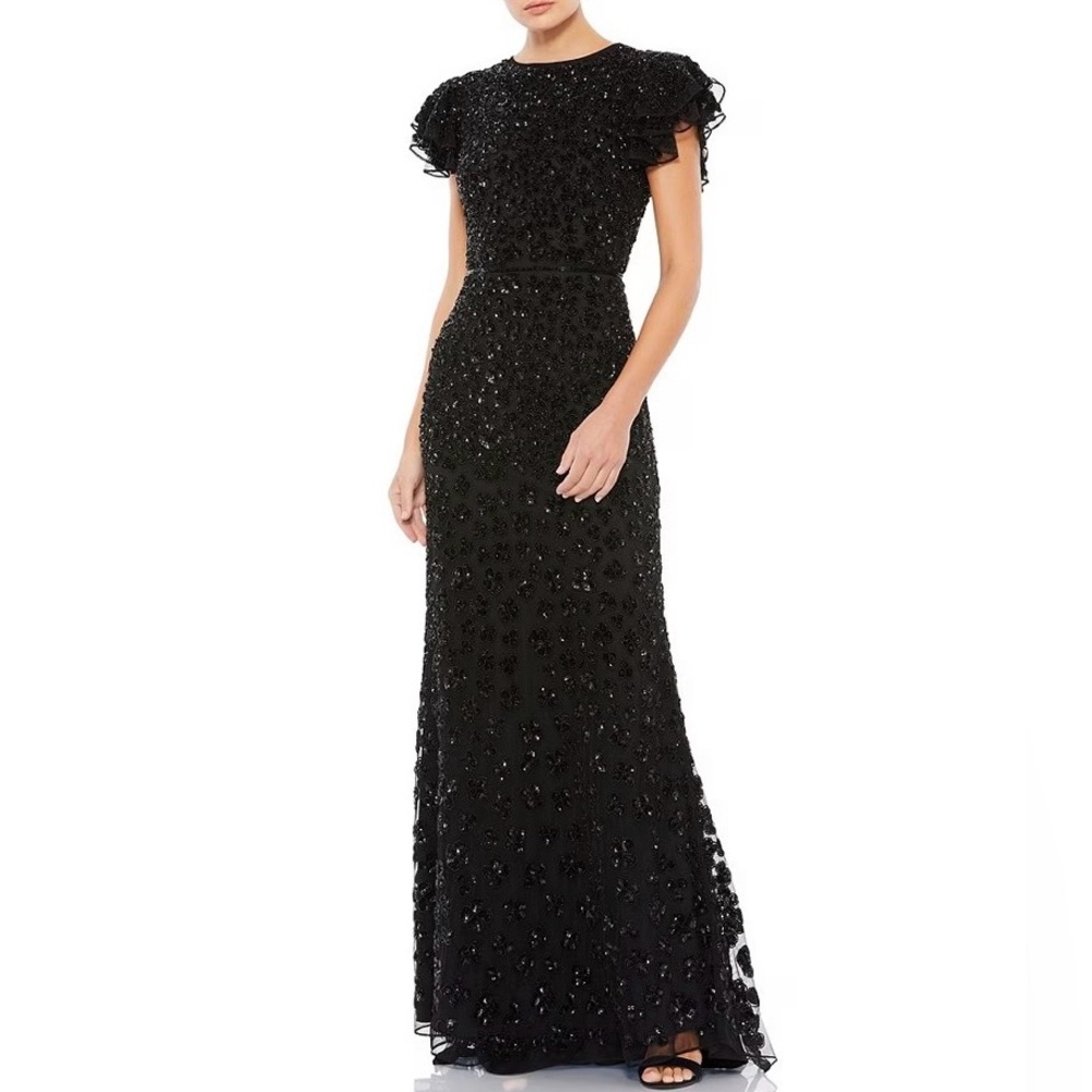 Mac Duggal ♡ Beaded Short Flutter Sleeve Crew Neck Sheath Gown